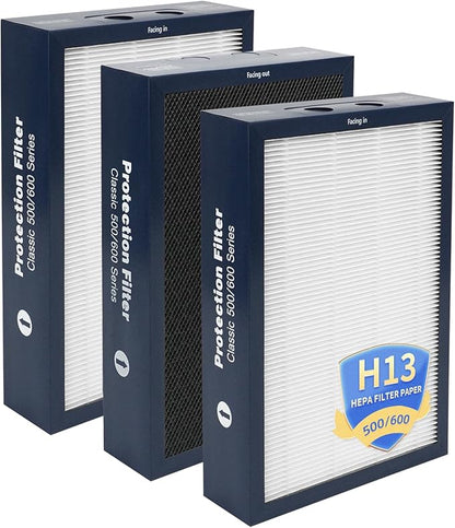 500/600 Series Replacement Filter Compatible with Blueair Classic 501, 503, 601, 505, 603, 650E, 550E, 555EB, 605, 580i, 680i Air Purifiers, Dual Protection H13 True HEPA and Activated Carbon(3-Pack)