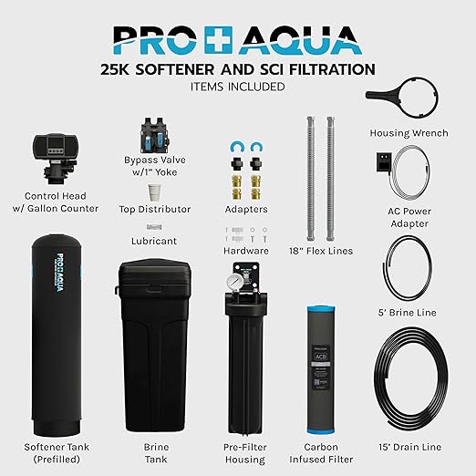 PRO+AQUA PRO-SCI-S25E Whole House Water Filter & Softener Bundle | 25,000 Grain Capacity, Removes Chlorine, Sediment, VOCs, Calcium, Magnesium, & More | Perfect for 1–2 Bathrooms | Premium Durability