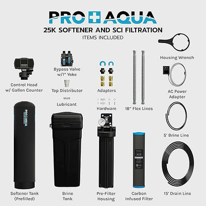 PRO+AQUA PRO-SCI-S25E Whole House Water Filter & Softener Bundle | 25,000 Grain Capacity, Removes Chlorine, Sediment, VOCs, Calcium, Magnesium, & More | Perfect for 1–2 Bathrooms | Premium Durability