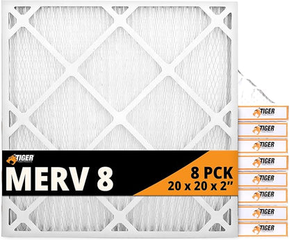 Tiger Tough 20x20x2 Air Filter MERV 8 MPR 600-800, High-Performance Pleated HVAC AC Furnace Filter Replacement for Home, 8-Pack