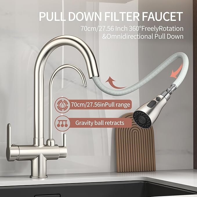Kitchen Sink Faucet with Pull - Down Sprayer, 2 - Handle 3 - in - 1 Kitchen Sink Filter Faucet, Cold and Hot Mixer Drinking Water Faucet (3-in-1 Filter Faucet, Brushed Nickel)