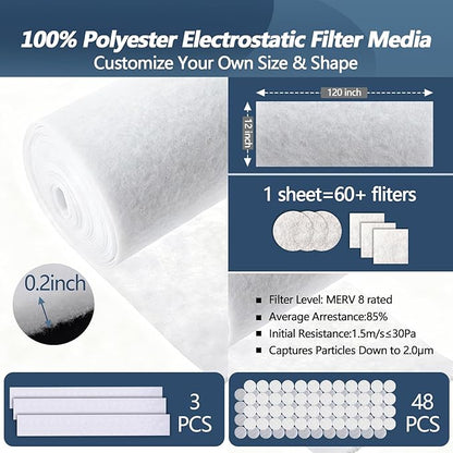 Air Vent Filters,12"x120"Cut to Fit Air Filter Material (60+Filters),MERV 8 Electrostatic Air Vent Filter for Home Floor, Grilles, Ceiling, HVAC Furnace Vents, With 48PCs Adhesive Hook Tape
