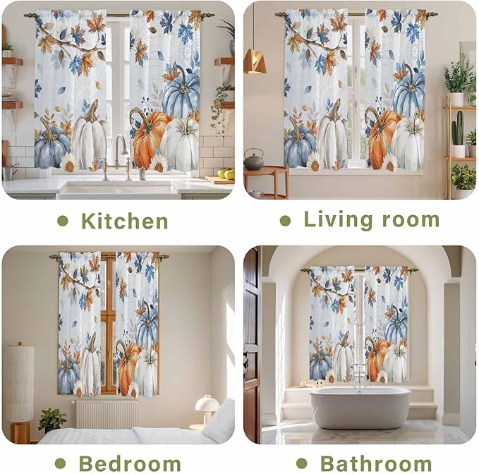Fall Blue Maple Window Curtains 63 Inch Long 2 Panel Set, Rod Pocket Bedroom Curtains & Drapes, Thanksgiving Pumpkins Daisy Country Leaves Light Filtering Window Treatment for Living Room 42"W x 63"L