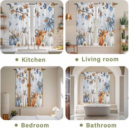 Fall Blue Maple Window Curtains 63 Inch Long 2 Panel Set, Rod Pocket Bedroom Curtains & Drapes, Thanksgiving Pumpkins Daisy Country Leaves Light Filtering Window Treatment for Living Room 42"W x 63"L