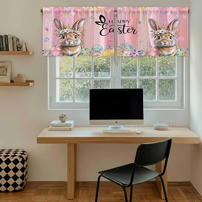Easter Tier Curtains, Spring Rabbit Eggs Flowers Flags Leaves Wood Grain Light Filtering Kitchen Curtains, 2Pcs Rod Pocket Half Window Treatments Panels for Sink Cafe Cabinet Camper 27.5x24 Inches
