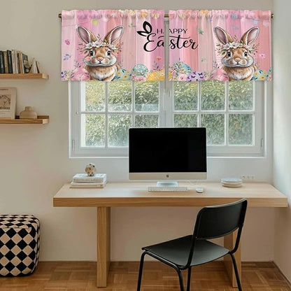 Easter Tier Curtains, Spring Rabbit Eggs Flowers Flags Leaves Wood Grain Light Filtering Kitchen Curtains, 2Pcs Rod Pocket Half Window Treatments Panels for Sink Cafe Cabinet Camper 27.5x36 Inches