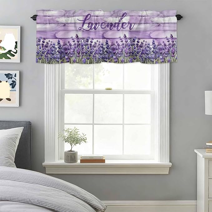 Kitchen Valances for Window, Retro Lavender on Farm Wood Grain Light Filtering Rod Pocket Valance Curtain, Watercolor Purple Flowers Short Curtains Window Topper for Bedroom Living Room 42x12in