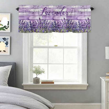Kitchen Valances for Window, Retro Lavender on Farm Wood Grain Light Filtering Rod Pocket Valance Curtain, Watercolor Purple Flowers Short Curtains Window Topper for Bedroom Living Room 54x18in