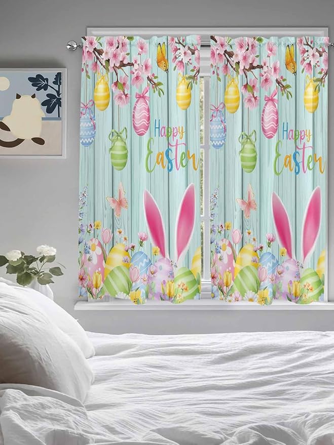 Happy Easter Bedroom Curtains 63 Inches length, Spring Bunny Eggs Flower Teal Wood Grain Window Treatment Curtain Drapes, Rod Pocket Curtain Panels for Living Room Kitchen, 42"x63", 2 Panels