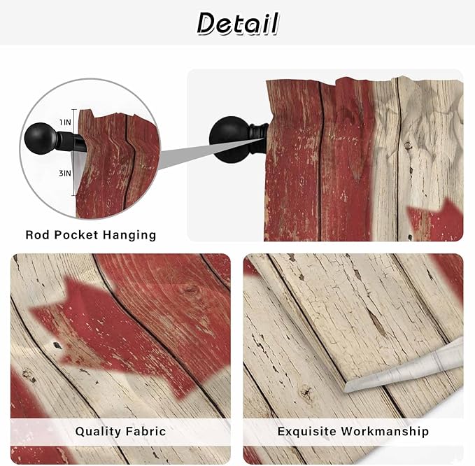 Canada Kitchen Curtains, Red Maple Leaf Flag Vintage Farmhouse Wooden Grain Light Filtering Window Curtain Panels, 2Pcs Rod Pocket Window Treatments Set for RV Dining Room Study Room 42x45 Inches