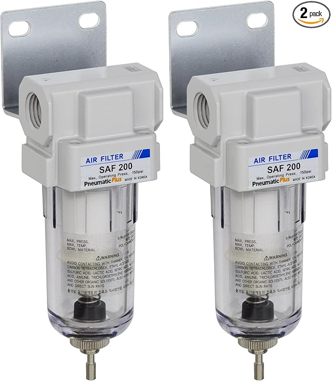 PneumaticPlus SAF200-N02B Miniature Compressed Air Particulate Filter 1/4" NPT - Poly Bowl, Manual Drain, Bracket (Pack of 2)