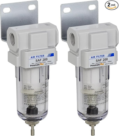 PneumaticPlus SAF200-N02B Miniature Compressed Air Particulate Filter 1/4" NPT - Poly Bowl, Manual Drain, Bracket (Pack of 2)