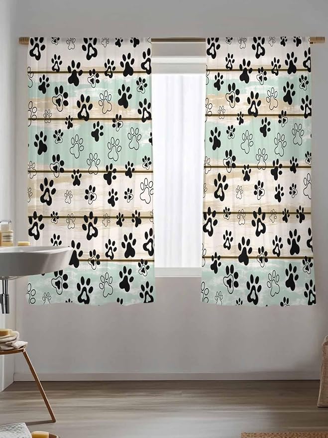 Sheer Curtains 72 Inches Long, Sage Green Beige Farmhouse Semi Sheer Curtains Light Filtering Window Treatment, Black Dog Paw Vintage Wooden Privacy Voile Drapes for Living Room Bedroom 52x72 Inch