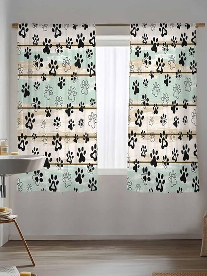 Sheer Curtains 72 Inches Long, Sage Green Beige Farmhouse Semi Sheer Curtains Light Filtering Window Treatment, Black Dog Paw Vintage Wooden Privacy Voile Drapes for Living Room Bedroom 52x72 Inch