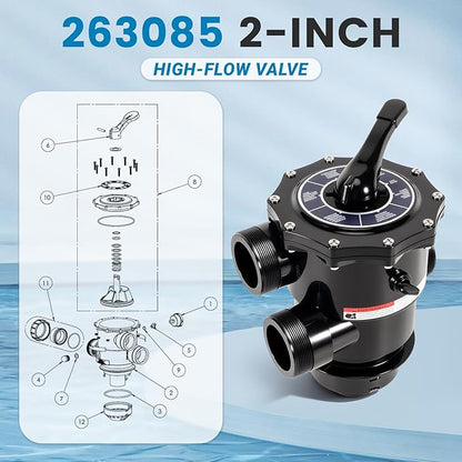 263085 Top Mount Multiport Valve Compatible with Pentair Tagelus Sand Filters,2“ 6-Positions Pool Filter Control Valve