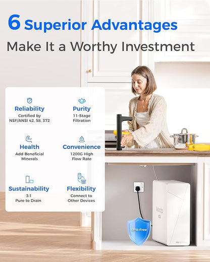 Waterdrop X12-Alkaline Mineral pH+ Tankless Reverse Osmosis System, NSF/ANSI 42&58&372 Certified, 1200 GPD RO Water Filter System, 11-Stage Filtration, 3:1 Pure to Drain, UnderSink, Black Faucet