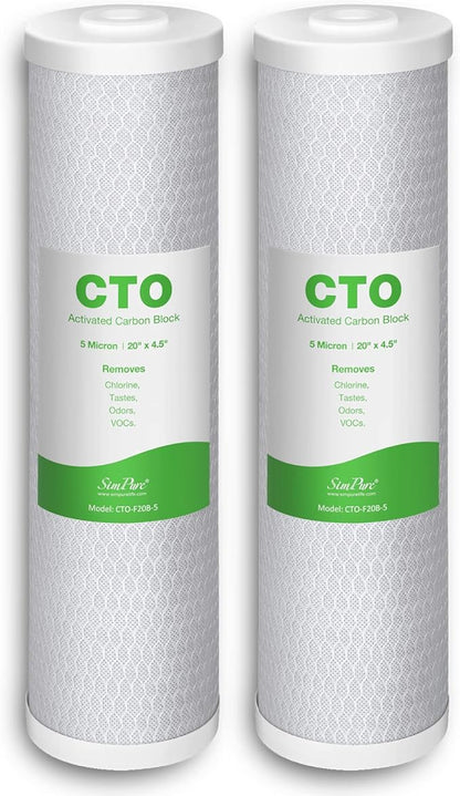 SimPure Whole House Water Filter Cartridges 5 Micron 20" x 4.5" CTO Activated Carbon Block, For DB20P, FC25B, CTO20BB, WHB20, 2 Pack
