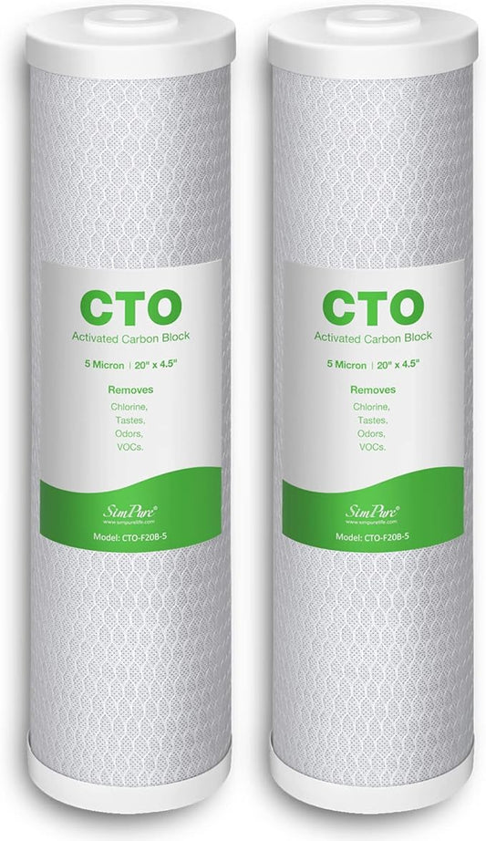 SimPure Whole House Water Filter Cartridges 5 Micron 20" x 4.5" CTO Activated Carbon Block, For DB20P, FC25B, CTO20BB, WHB20, 2 Pack
