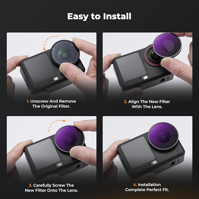 K&F CONCEPT ND Filter Kit Compatible with DJI Osmo Action 6, ND8 ND16 ND32 ND64 4 Pack Light Reduction Exposure Control Optical Glass Filters with Multi-Layer Coating