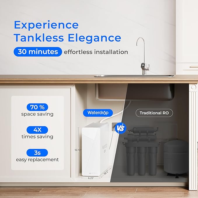 Waterdrop X8-Basic Reverse Osmosis System, NSF/ANSI 42&58&372 Certified, 800 GPD Tankless RO Water Filter, 9-Stage Filtration Undersink RO Filtration System, 2:1 Pure to Drain, Reduce PFAS, BPA Free