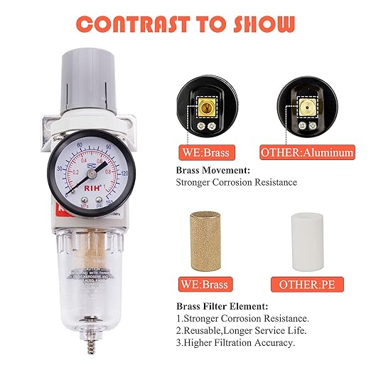 RIH 1/4" NPT Compressed Air Filter Regulator Combo Piggyback, 5 Micron Brass Element, Poly Bowl, Semi-Auto Drain, Metal Bracket, 0-150 psi Gauge Air Tool Compressor Filter with Gauge (1/4" NPT)