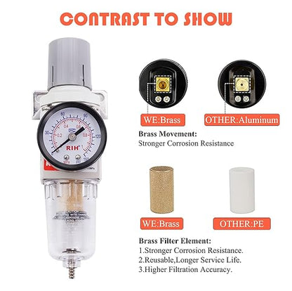 RIH 1/4" NPT Compressed Air Filter Regulator Combo Piggyback, 5 Micron Brass Element, Poly Bowl, Semi-Auto Drain, Metal Bracket, 0-150 psi Gauge Air Tool Compressor Filter with Gauge (1/4" NPT)