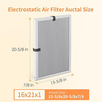 2-Pack 16x21x1 MERV 8 Reusable & Washable Electrostatic Air Filters - Long-Lasting Filter for HVAC, Furnace & Air Conditioner Units, Actual Size: 15-5/8” x 20-5/8” x 7/8”