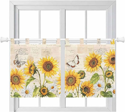 Yellow Sunflowers Kitchen Curtains 36 Inch Length, Small Window Curtains Tab Top, Country Farm Butterfly Flower Light Beige Light Filtering Short Window Treatments Tier Drapes 27.5"x36" 2 Panel