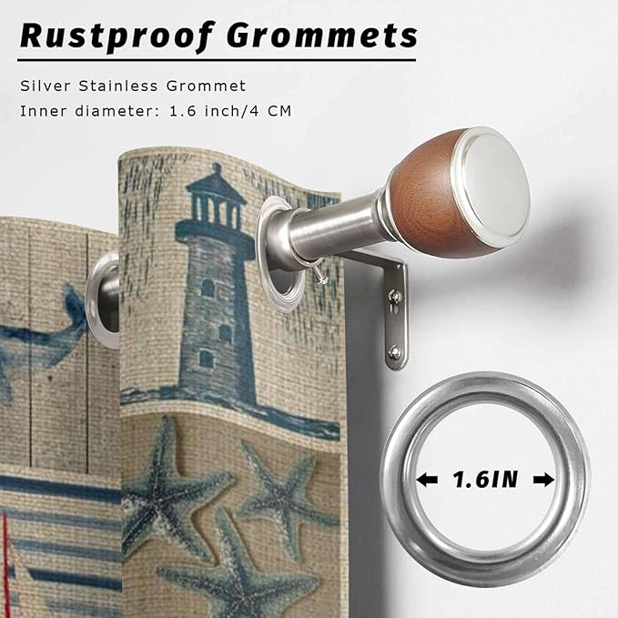 Oceans Outdoor Curtains for Patio Shell Starfish Whales Summer Vintage Waterproof Outside Curtains with Grommet Top Weatherproof Curtain for Cabana Pergola Gazebo, 1 Panel, 54" W x 95" L