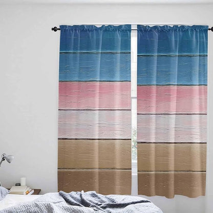 Blue Pink Brown Gradient Wood Grain Window Valance Curtains, Vintage Wood Board Light Filtering Kitchen Valance with 3-inch Rod Pocket for Living Room Bathroom Bedroom,2 Panel,52x72In