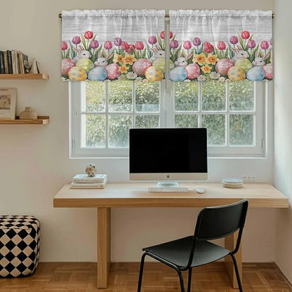 Easter Kitchen Tier Curtains 24 Inch Long 2 Panel Set,Rod Pocket Cafe Small Window Curtains Over Sink,Retro Spring Bunny Eggs Tulip Farm Wooden Grain Light Filtering Short Drapes 27.5"W x 24"L