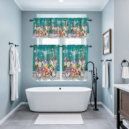 Kitchen Curtains Tiers and Valance Set of 3, Spring Flowers Light Filtering Window Curtain Set, Farmhouse Watercolor Teal Wood Grain Rod Pocket Curtain Drapes for Cafe, Living Room, 24 Inches Tiers