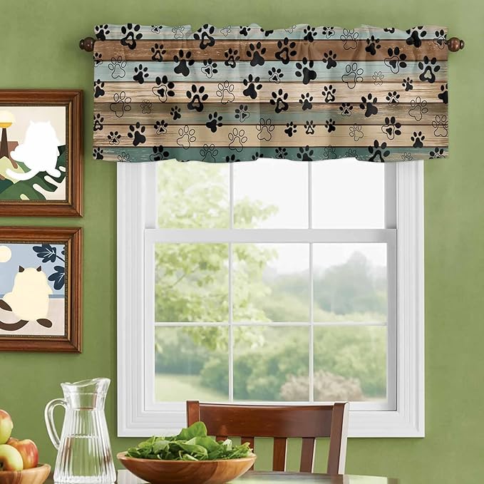 Dog Paws Valance Curtains for Kitchen, Teal Brown Wood Grain Privacy Rod Pocket Valance Curtain, Light-Filtering Window Treatment for Bedroom Bathroom, 42"x12"