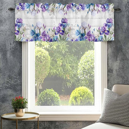 Spring Flowers Curtain Valances for Windows, Kitchen Valance Window Treatment, Watercolor Garden Florals Wooden Grain Light Filtering Block Curtains for Bathroom/Bedroom/Living Room 42'' x 18''