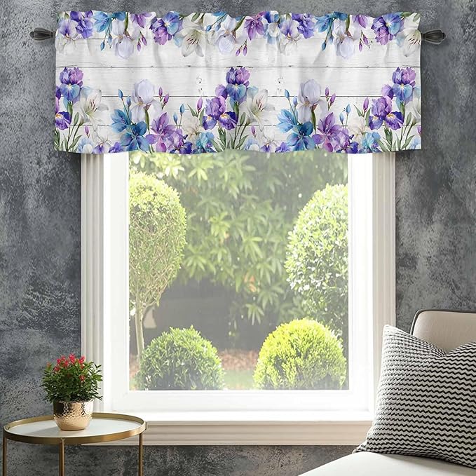 Spring Flowers Curtain Valances for Windows, Kitchen Valance Window Treatment, Watercolor Garden Florals Wooden Grain Light Filtering Block Curtains for Bathroom/Bedroom/Living Room 42'' x 12''