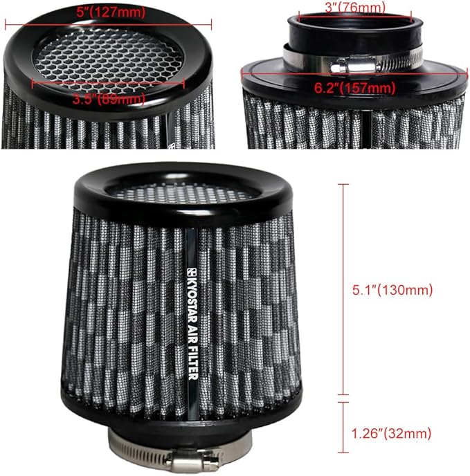 KYOSTAR Universal 3" (76mm) High-Flow Air Filter, Reusable Cone Cold Air Intake, High Performance Clamp-On Car High Flow Air Kit, Flange Diameter: 3 Inch, Filter Height: 6.4 Inch, Carbon Fiber Pattern