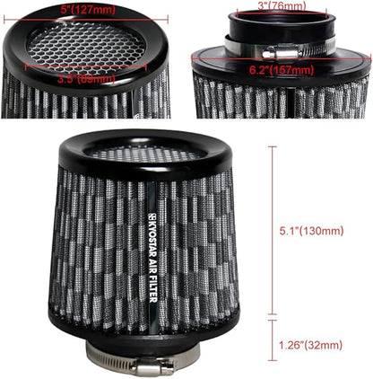 KYOSTAR Universal 3" (76mm) High-Flow Air Filter, Reusable Cone Cold Air Intake, High Performance Clamp-On Car High Flow Air Kit, Flange Diameter: 3 Inch, Filter Height: 6.4 Inch, Carbon Fiber Pattern