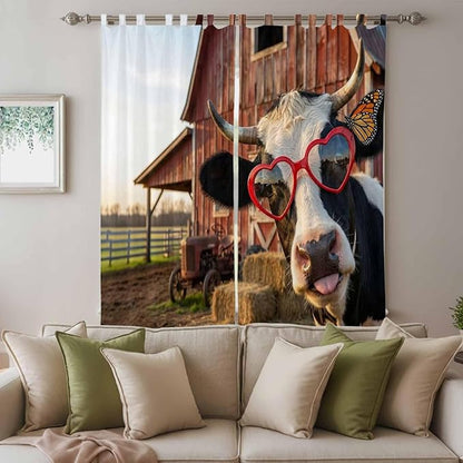 Farm Cows Living Room Curtains 96 Inch Length, Window Curtains Tab Top, Farmhouse Barn Funny Animals Butterfly Light Filtering Window Treatments Drapes 52"x96" 2 Panel