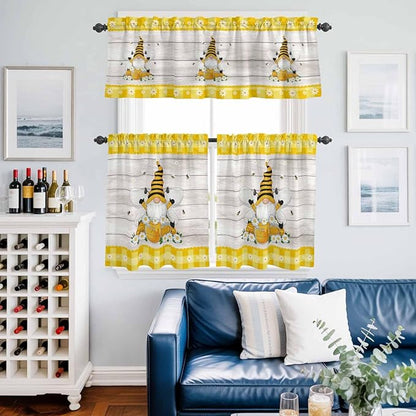 Yellow Gnomes Kitchen Curtains Set 3 Piece for Windows, Rod Pocket Valance and Tier Set 36 Inch Length, Spring Bees Daisy Plaid Wooden Grain Light Filtering Cafe Curtains for Living Room Bathroom