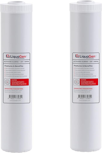 LiquaGen Activated Alumina + Carbon + KDF-55 Replacement Water Filter Cartridge – Helps Manage Fluoride, Chlorine & Taste, Refillable 2.5" x 10", 2.5" x 20", 4.5" x 10", 4.5" x 20" (2, 4.5" x 20")
