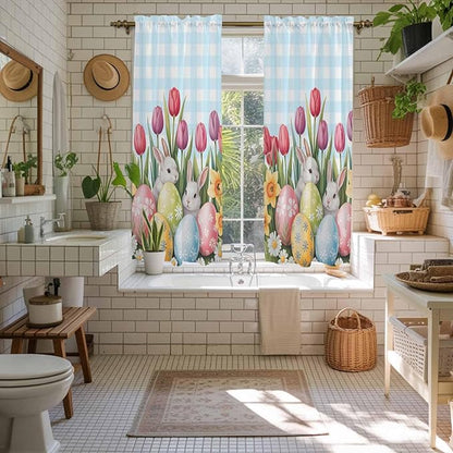 Easter Window Curtains 63 Inch Long 2 Panel Set, Rod Pocket Bedroom Curtains & Drapes, Spring Bunny Colorful Eggs Tulip Flowers Blue Check Light Filtering Window Treatment for Living Room 42"W x 63"L