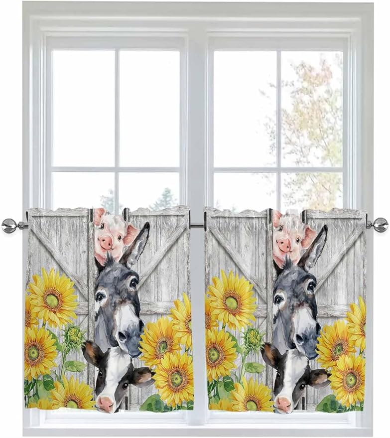 Farmhouse Half Window Curtains 24 Inches Long, Watercolor Sunflowers Animals Printed Wood Grain Window Treatment Curtain Drapes, Short Curtains Tiers for Kitchen Over Sink, 27.5"x24", 2 Panels