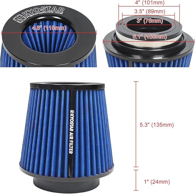 KYOSTAR Universal 3/3.5/4" (75/89/100mm) High-Flow Air Filter, Reusable Cone Cold Air Intake, High Performance Clamp-On Car High Flow Dry Air Kit, Flange Diameter: 3/3.5/4 Inch, Height: 6.2 Inch, Blue