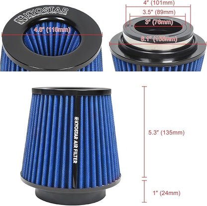 KYOSTAR Universal 3/3.5/4" (75/89/100mm) High-Flow Air Filter, Reusable Cone Cold Air Intake, High Performance Clamp-On Car High Flow Dry Air Kit, Flange Diameter: 3/3.5/4 Inch, Height: 6.2 Inch, Blue