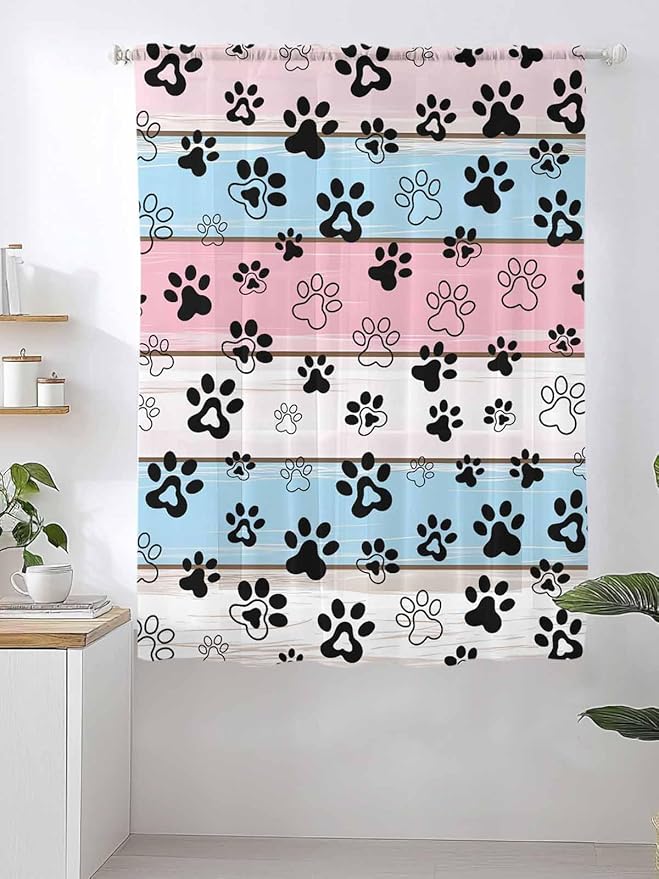 Sheer Curtains 63 Inch Length, Pink Blue Paw Print Semi Sheer Curtains Light Filtering Window Treatment, Vintage Farmhouse Wooden Grain Privacy Voile Drapes for Living Room Bedroom 52x63 Inch