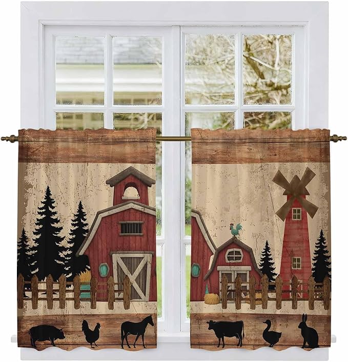 Brown Farmhouse Tier Curtains, Vintage Country Animals Wooden Grain Light Filtering Kitchen Curtains, 2Pcs Rod Pocket Half Window Treatments Panels for Sink Cafe Cabinet Basement 27.5x45 Inches
