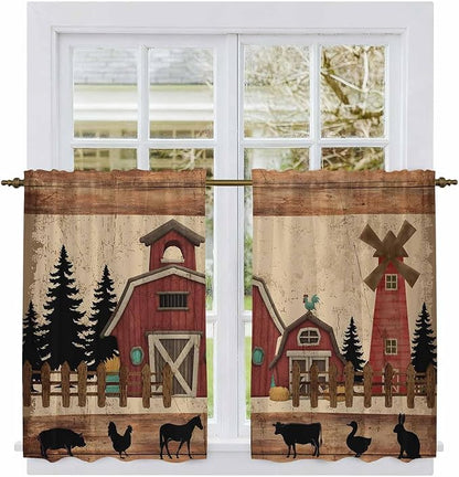 Brown Farmhouse Tier Curtains, Vintage Country Animals Wooden Grain Light Filtering Kitchen Curtains, 2Pcs Rod Pocket Half Window Treatments Panels for Sink Cafe Cabinet Basement 27.5x45 Inches