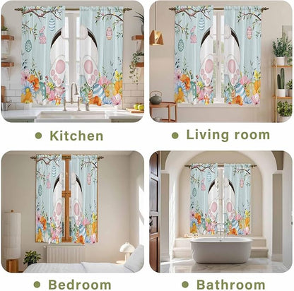 Easter Bunny Window Curtains 63 Inch Long 2 Panel Set,Rod Pocket Bedroom Curtains & Drapes,Easter Eggs Spring Farmhouse Wood Grain Teal Blue Light Filtering Window Treatment 42"W x 63"L