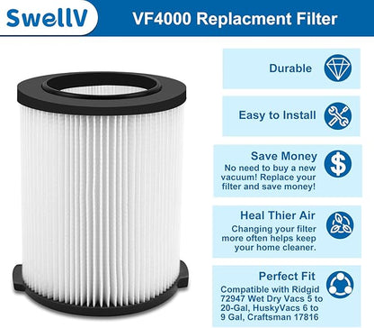 2 Pack VF4000 Replacement Filter Compatible with RIDGID Vacs Wet Dry 5-20 Gal& 6-9 Gal Husky Vacuum & CRAFTSMAN Shop Vacuum 17816 9-17816, Standard Wet and Dry Vacuum Cleaner Filter Vf4000