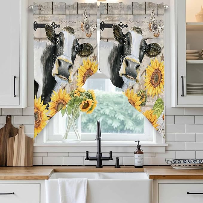 Yellow Sunflowers Swag Valances for Windows, Farmhouse Cow Barn Doors Floral Butterfly Rod Pocket Kitchen Curtains Valance, Small Window Curtains Swag for Cafe Living Room, 2 Panels, 36x36 inch
